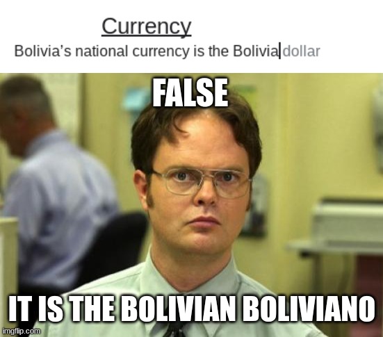ya wrong, google docs | FALSE; IT IS THE BOLIVIAN BOLIVIANO | image tagged in memes,dwight schrute,bolivia,money,currency,funny | made w/ Imgflip meme maker