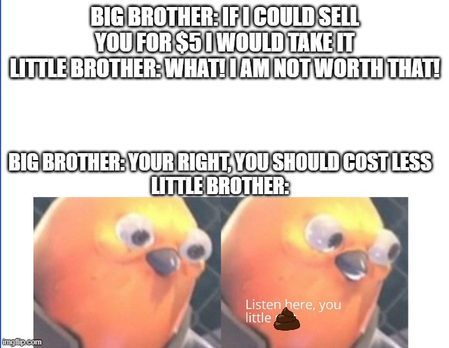 *Title that is funny* | BIG BROTHER: IF I COULD SELL YOU FOR $5 I WOULD TAKE IT
LITTLE BROTHER: WHAT! I AM NOT WORTH THAT! BIG BROTHER: YOUR RIGHT, YOU SHOULD COST LESS
LITTLE BROTHER: | image tagged in memes,listen here you little shit bird,funny,roasted,money,best memes | made w/ Imgflip meme maker