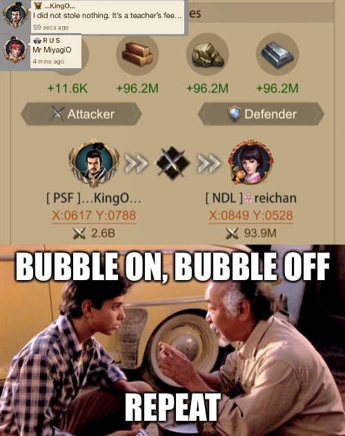 Mr MiyagO | BUBBLE ON, BUBBLE OFF; REPEAT | image tagged in mr miyagi version control,memes,bubble | made w/ Imgflip meme maker