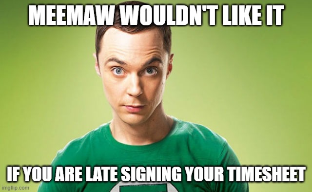 Sheldon Cooper Timesheet Reminder meme | MEEMAW WOULDN'T LIKE IT; IF YOU ARE LATE SIGNING YOUR TIMESHEET | image tagged in sheldon cooper timesheet reminder meme | made w/ Imgflip meme maker