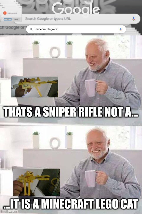 THATS A SNIPER RIFLE NOT A... ...IT IS A MINECRAFT LEGO CAT | image tagged in memes,hide the pain harold | made w/ Imgflip meme maker