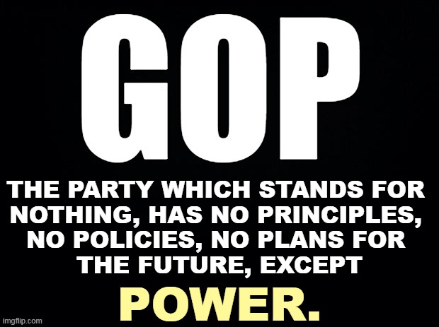 THE PARTY WHICH STANDS FOR 
NOTHING, HAS NO PRINCIPLES, 
NO POLICIES, NO PLANS FOR 
THE FUTURE, EXCEPT; POWER. | image tagged in gop,republican party,empty,no,purpose,power | made w/ Imgflip meme maker
