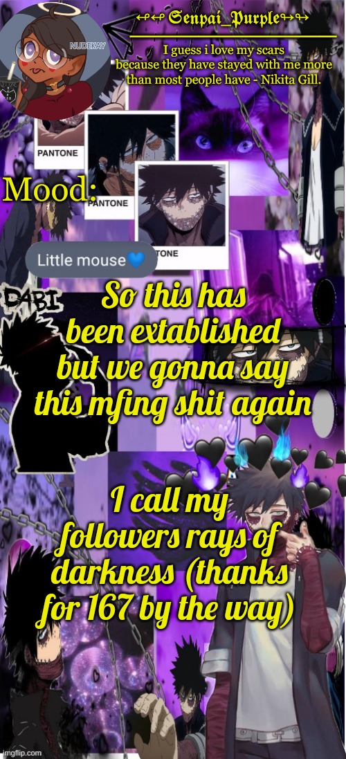idk why yall follow me lmao | So this has been extablished but we gonna say this mfing shit again; I call my followers rays of darkness (thanks for 167 by the way) | image tagged in dabi temp d | made w/ Imgflip meme maker