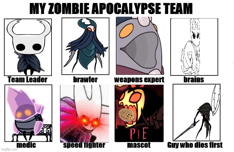 I can't think of a good title | image tagged in my zombie apocalypse team,hollow knight | made w/ Imgflip meme maker