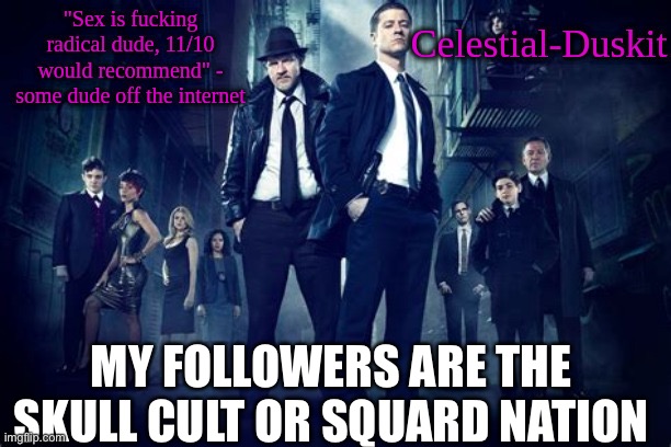 Duskit’s Gotham temp | MY FOLLOWERS ARE THE SKULL CULT OR SQUARD NATION | image tagged in duskit s gotham temp | made w/ Imgflip meme maker