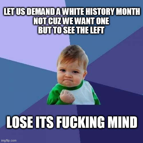 Success Kid Meme | LET US DEMAND A WHITE HISTORY MONTH
NOT CUZ WE WANT ONE 
BUT TO SEE THE LEFT; LOSE ITS FUCKING MIND | image tagged in memes,success kid | made w/ Imgflip meme maker