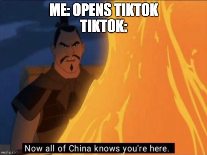 And now I am banned from china |  ME: OPENS TIKTOK
TIKTOK: | image tagged in now all of china knows you're here | made w/ Imgflip meme maker