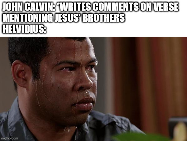 sweating bullets | JOHN CALVIN: *WRITES COMMENTS ON VERSE
MENTIONING JESUS' BROTHERS
HELVIDIUS: | image tagged in sweating bullets | made w/ Imgflip meme maker