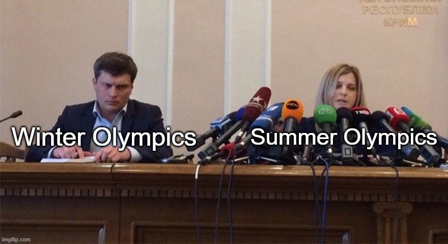 Man and woman microphone |  Winter Olympics; Summer Olympics | image tagged in man and woman microphone,awesomeness,funny but true | made w/ Imgflip meme maker