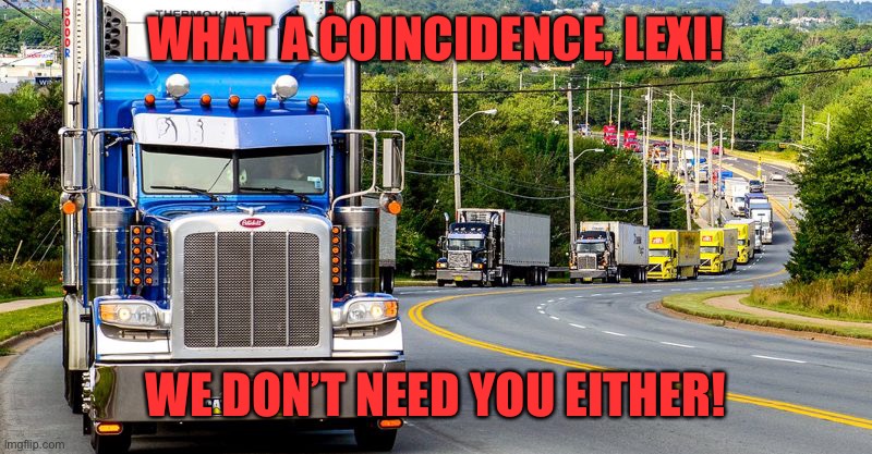 Trucker Convoy | WHAT A COINCIDENCE, LEXI! WE DON’T NEED YOU EITHER! | image tagged in trucker convoy | made w/ Imgflip meme maker