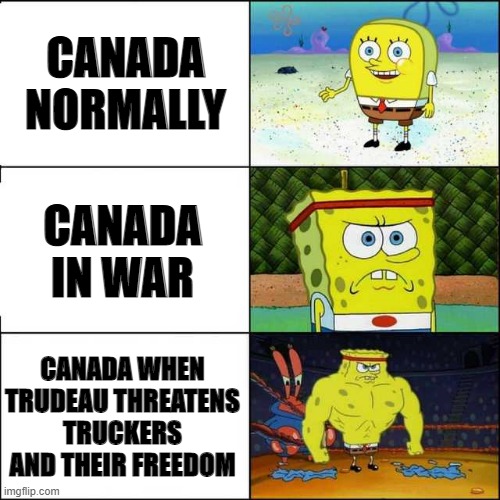 Spongebob strong | CANADA NORMALLY; CANADA IN WAR; CANADA WHEN TRUDEAU THREATENS TRUCKERS AND THEIR FREEDOM | image tagged in spongebob strong | made w/ Imgflip meme maker