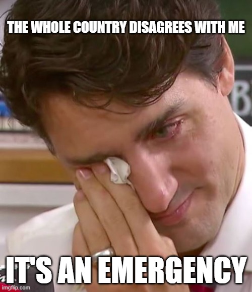Justin Trudeau Crying | THE WHOLE COUNTRY DISAGREES WITH ME; IT'S AN EMERGENCY | image tagged in justin trudeau crying | made w/ Imgflip meme maker