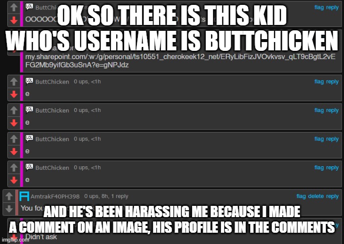 OK SO THERE IS THIS KID WHO'S USERNAME IS BUTTCHICKEN; AND HE'S BEEN HARASSING ME BECAUSE I MADE A COMMENT ON AN IMAGE, HIS PROFILE IS IN THE COMMENTS | made w/ Imgflip meme maker