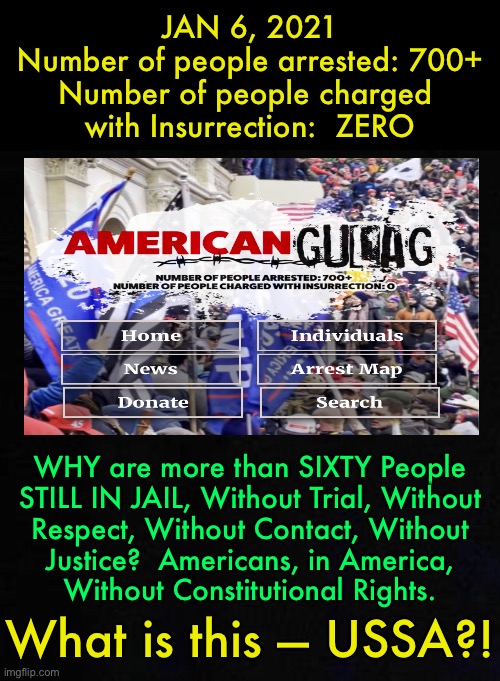 No trial, no conviction, a year—and counting—in jail, torture, solitary confinement.  Their Offense:  Attending a Parade | JAN 6, 2021
Number of people arrested: 700+
Number of people charged 
with Insurrection:  ZERO; WHY are more than SIXTY People
STILL IN JAIL, Without Trial, Without
Respect, Without Contact, Without
Justice?  Americans, in America,
Without Constitutional Rights. What is this — USSA?! | image tagged in memes,jan 6,dems in control means dems out of control,harsh retaliation against trump voters,but its punishing  all americans | made w/ Imgflip meme maker