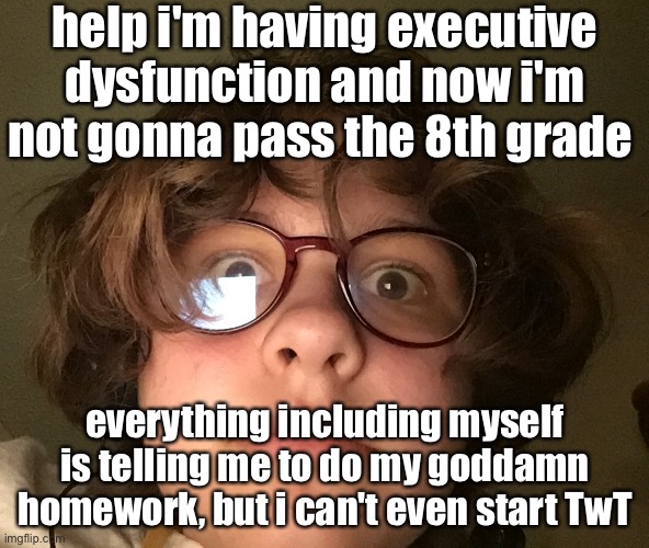 help i'm having executive dysfunction and now i'm not gonna pass the 8th grade; everything including myself is telling me to do my goddamn homework, but i can't even start TwT | made w/ Imgflip meme maker