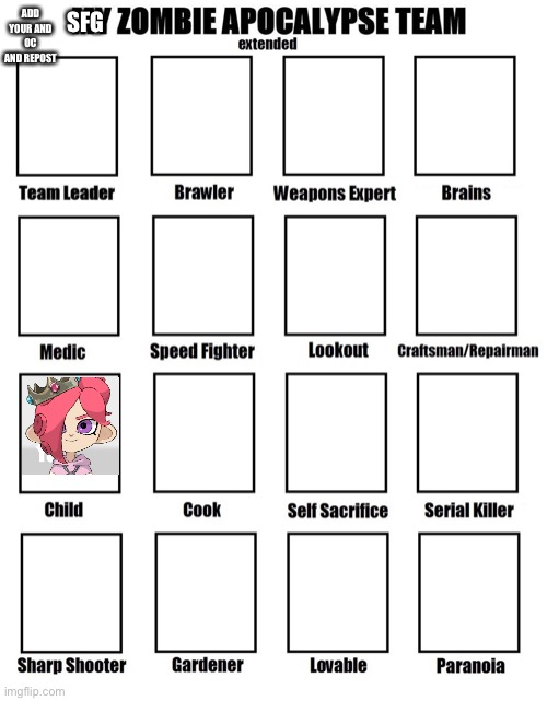 Idk why I made this lol | SFG; ADD YOUR AND OC AND REPOST | image tagged in my zombie apocalypse team | made w/ Imgflip meme maker