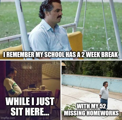 And I didn't get called out by my teachers about the missing activities. | I REMEMBER MY SCHOOL HAS A 2 WEEK BREAK; WHILE I JUST SIT HERE... WITH MY 52 MISSING HOMEWORKS | image tagged in memes,sad pablo escobar,relatable,school,highschool | made w/ Imgflip meme maker