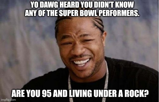 You didn't know any of the Super Bowl performers-are you 95 and living under a rock? | YO DAWG HEARD YOU DIDN'T KNOW ANY OF THE SUPER BOWL PERFORMERS. ARE YOU 95 AND LIVING UNDER A ROCK? | image tagged in memes,yo dawg heard you,super bowl | made w/ Imgflip meme maker