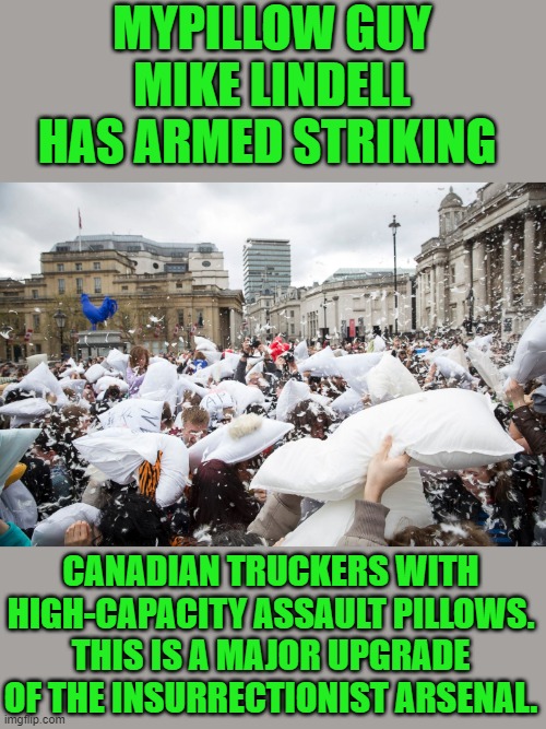 yep | MYPILLOW GUY MIKE LINDELL HAS ARMED STRIKING; CANADIAN TRUCKERS WITH HIGH-CAPACITY ASSAULT PILLOWS. THIS IS A MAJOR UPGRADE OF THE INSURRECTIONIST ARSENAL. | image tagged in canada | made w/ Imgflip meme maker