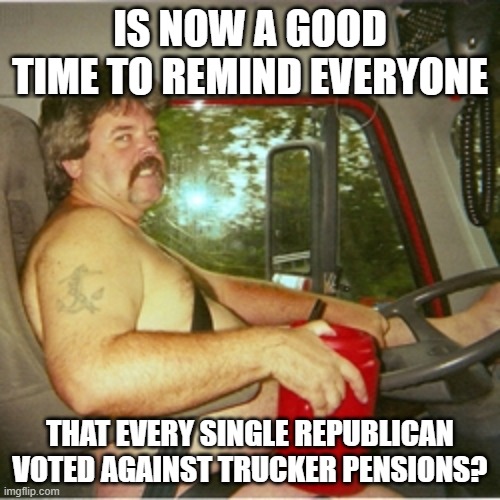 That support only goes so far, I guess | IS NOW A GOOD TIME TO REMIND EVERYONE; THAT EVERY SINGLE REPUBLICAN VOTED AGAINST TRUCKER PENSIONS? | image tagged in trucker,gop hypocrite | made w/ Imgflip meme maker