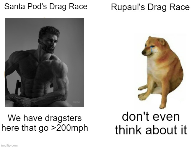BRRRRRRRRRAP stu stu stu stu stu | Santa Pod's Drag Race; Rupaul's Drag Race; We have dragsters here that go >200mph; don't even think about it | image tagged in memes,buff doge vs cheems,dragster | made w/ Imgflip meme maker