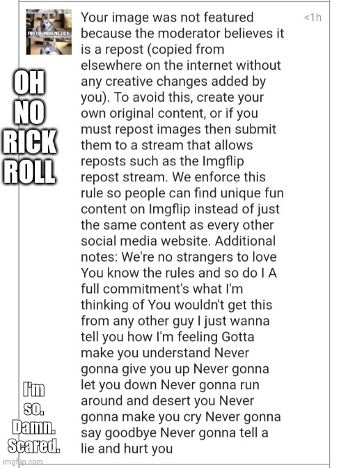 OH NO RICK ROLL; I'm so. Damn. Scared. | made w/ Imgflip meme maker