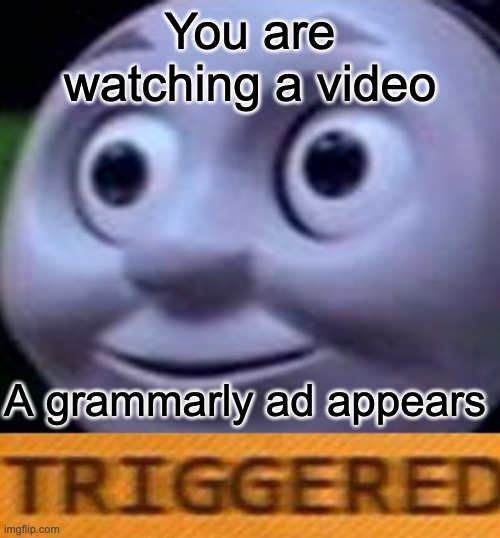Triggered | You are watching a video; A grammarly ad appears | image tagged in triggered | made w/ Imgflip meme maker