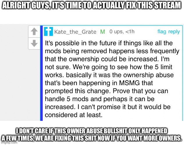Global mod confirmed, the change may only be temporary | ALRIGHT GUYS, IT’S TIME TO ACTUALLY FIX THIS STREAM; I DON’T CARE IF THIS OWNER ABUSE BULLSHIT ONLY HAPPENED A FEW TIMES, WE ARE FIXING THIS SHIT NOW IF YOU WANT MORE OWNERS. | made w/ Imgflip meme maker