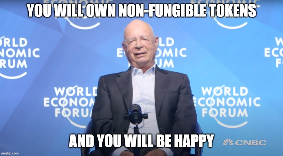 You will own nothing and be happy | YOU WILL OWN NON-FUNGIBLE TOKENS; AND YOU WILL BE HAPPY | image tagged in klaus schwab,nft,fiat | made w/ Imgflip meme maker