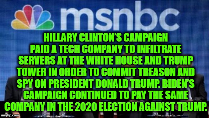Clinton Campaign Filth continues. | HILLARY CLINTON’S CAMPAIGN PAID A TECH COMPANY TO INFILTRATE SERVERS AT THE WHITE HOUSE AND TRUMP TOWER IN ORDER TO COMMIT TREASON AND SPY ON PRESIDENT DONALD TRUMP. BIDEN’S CAMPAIGN CONTINUED TO PAY THE SAME COMPANY IN THE 2020 ELECTION AGAINST TRUMP. | image tagged in msnbc | made w/ Imgflip meme maker