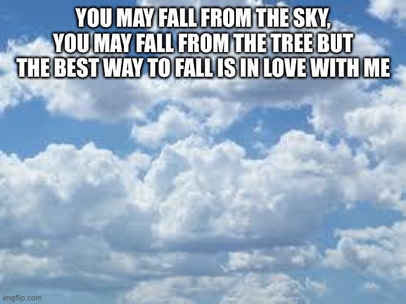 hehe ;) | YOU MAY FALL FROM THE SKY, YOU MAY FALL FROM THE TREE BUT THE BEST WAY TO FALL IS IN LOVE WITH ME | image tagged in clouds | made w/ Imgflip meme maker