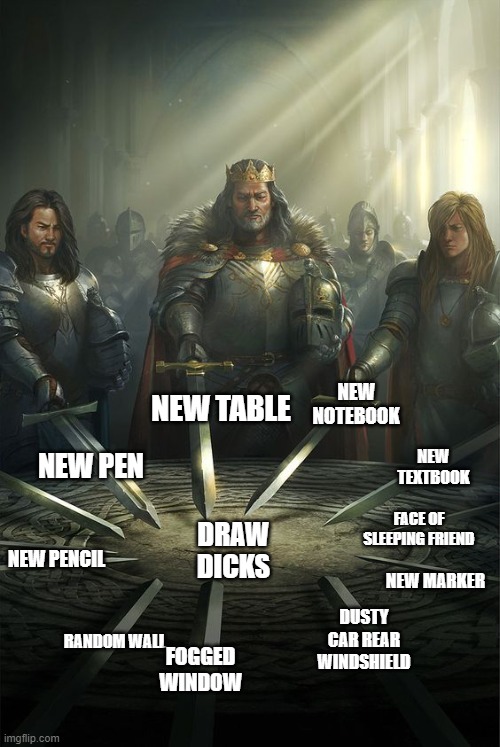 Knights of the Round Table | NEW NOTEBOOK; NEW TABLE; NEW TEXTBOOK; NEW PEN; FACE OF SLEEPING FRIEND; DRAW DICKS; NEW PENCIL; NEW MARKER; DUSTY CAR REAR WINDSHIELD; RANDOM WALL; FOGGED WINDOW | image tagged in knights of the round table | made w/ Imgflip meme maker