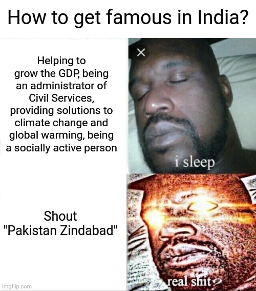 Getting famous in India | How to get famous in India? Helping to grow the GDP, being an administrator of Civil Services, providing solutions to climate change and global warming, being a socially active person; Shout "Pakistan Zindabad" | image tagged in memes,sleeping shaq | made w/ Imgflip meme maker