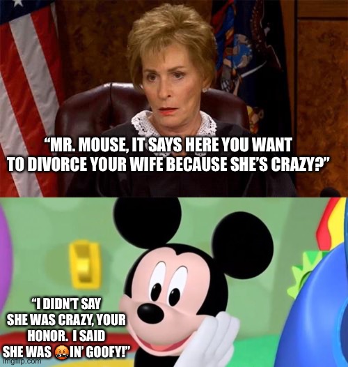 “MR. MOUSE, IT SAYS HERE YOU WANT TO DIVORCE YOUR WIFE BECAUSE SHE’S CRAZY?” “I DIDN’T SAY SHE WAS CRAZY, YOUR HONOR.  I SAID SHE WAS ?IN’ G | image tagged in judge judy unimpressed,mickey mouse tool | made w/ Imgflip meme maker