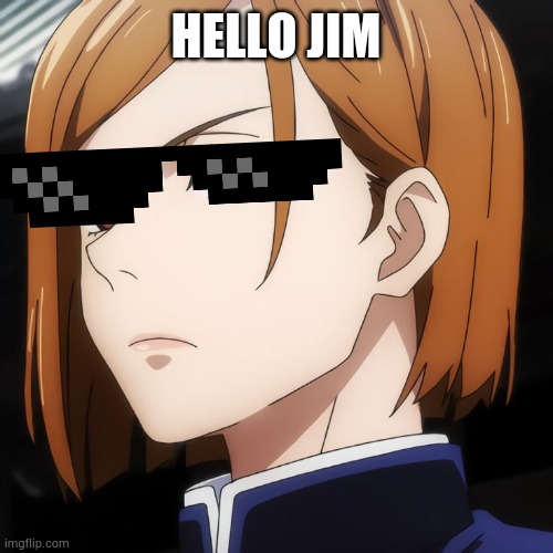 Hello | HELLO JIM | image tagged in nobara kugisaki | made w/ Imgflip meme maker