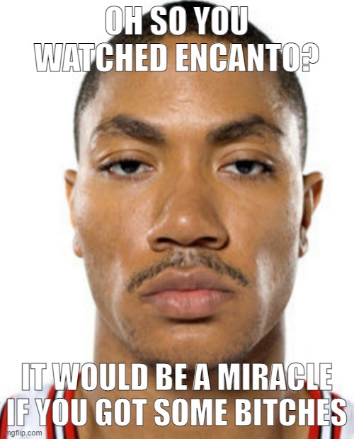 Derrick Rose Straight Face | OH SO YOU WATCHED ENCANTO? IT WOULD BE A MIRACLE IF YOU GOT SOME BITCHES | image tagged in derrick rose straight face | made w/ Imgflip meme maker