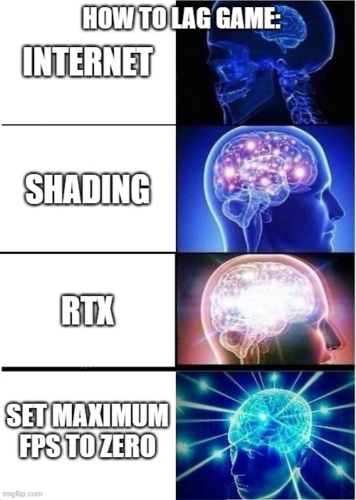 Does it work? | INTERNET; HOW TO LAG GAME:; SHADING; RTX; SET MAXIMUM FPS TO ZERO | image tagged in memes,expanding brain | made w/ Imgflip meme maker