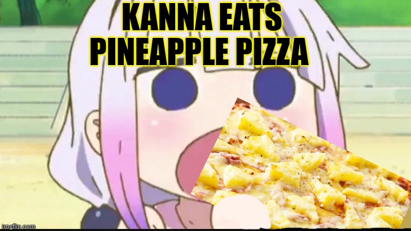 Watch me offend everyone at once! | KANNA EATS PINEAPPLE PIZZA | image tagged in kanna eating a crab,pineapple pizza,oh yeah,tastes so damn good,nom nom nom | made w/ Imgflip meme maker