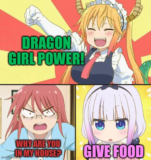 Dragon girls plan to take over imgflip... | DRAGON GIRL POWER! WHY ARE YOU IN MY HOUSE? GIVE FOOD | image tagged in dragon maid toothless meme,dragon,anime girl,cute | made w/ Imgflip meme maker