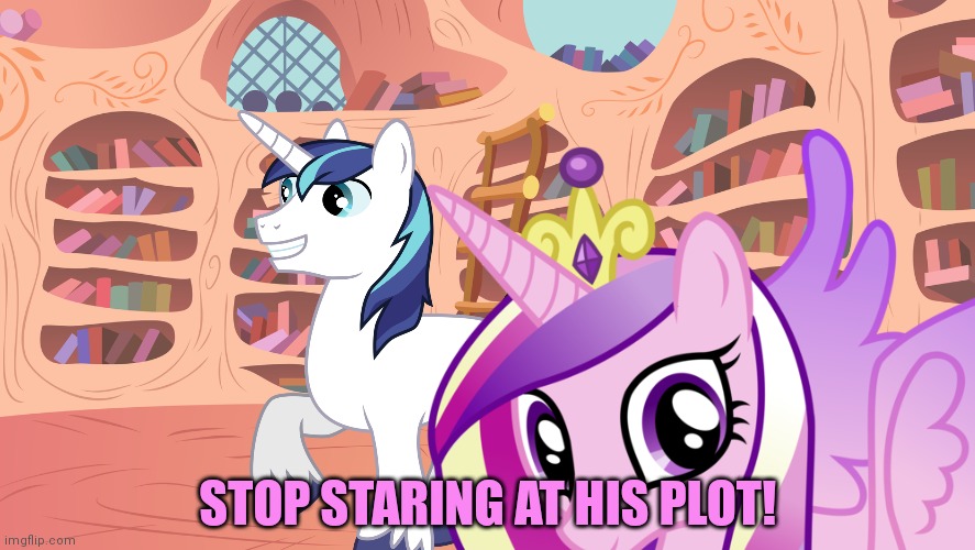 Cadance is the jealous type! | STOP STARING AT HIS PLOT! | image tagged in princess,cadance,mlp,stop staring,shining armor | made w/ Imgflip meme maker