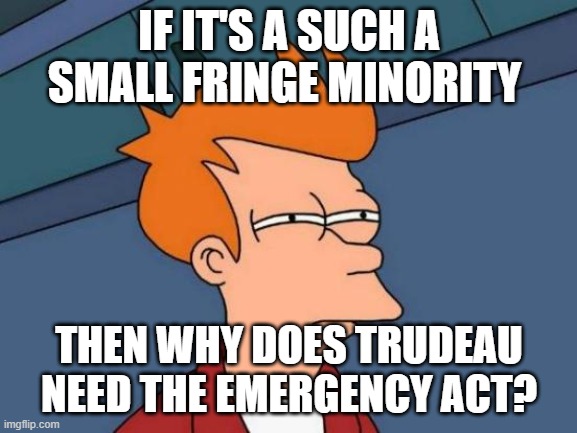 Futurama Fry | IF IT'S A SUCH A SMALL FRINGE MINORITY; THEN WHY DOES TRUDEAU NEED THE EMERGENCY ACT? | image tagged in memes,futurama fry | made w/ Imgflip meme maker