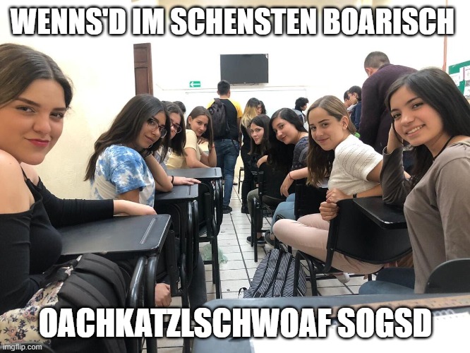 Girls in class looking back | WENNS'D IM SCHENSTEN BOARISCH; OACHKATZLSCHWOAF SOGSD | image tagged in girls in class looking back,bayrisch_iel | made w/ Imgflip meme maker