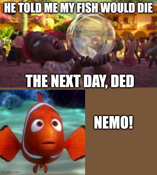 Sra. Pezmuerte's Goldfish | HE TOLD ME MY FISH WOULD DIE; THE NEXT DAY, DED; NEMO! | image tagged in sra pezmuerte's goldfish | made w/ Imgflip meme maker