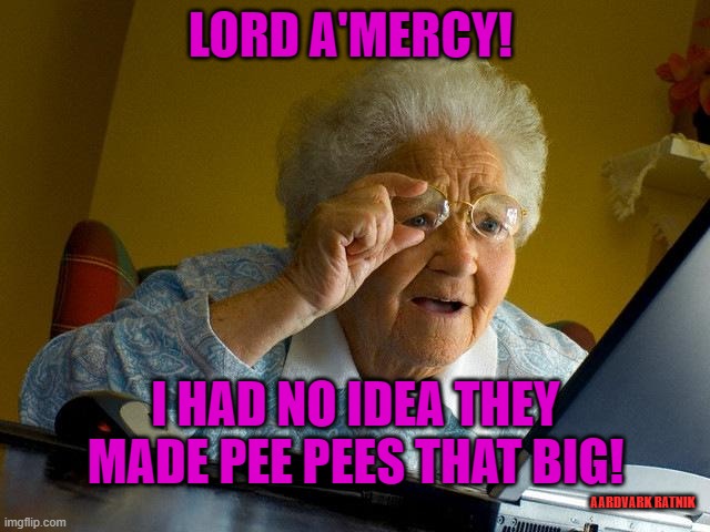 Granny gets it on | LORD A'MERCY! I HAD NO IDEA THEY MADE PEE PEES THAT BIG! AARDVARK RATNIK | image tagged in memes,grandma finds the internet,sexy women | made w/ Imgflip meme maker