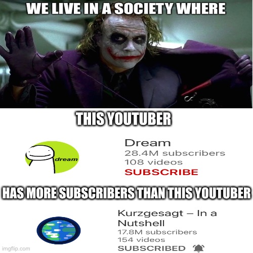 I lost faith in humanity since 2016 | THIS YOUTUBER; HAS MORE SUBSCRIBERS THAN THIS YOUTUBER | image tagged in memes | made w/ Imgflip meme maker