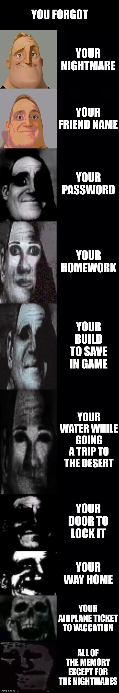 You forgot | YOU FORGOT; YOUR NIGHTMARE; YOUR FRIEND NAME; YOUR PASSWORD; YOUR HOMEWORK; YOUR BUILD TO SAVE IN GAME; YOUR WATER WHILE GOING A TRIP TO THE DESERT; YOUR DOOR TO LOCK IT; YOUR WAY HOME; YOUR AIRPLANE TICKET TO VACCATION; ALL OF THE MEMORY EXCEPT FOR THE NIGHTMARES | image tagged in mr incredible becoming uncanny | made w/ Imgflip meme maker