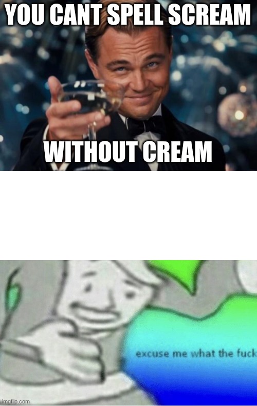 why? | YOU CANT SPELL SCREAM; WITHOUT CREAM | image tagged in memes,leonardo dicaprio cheers,excuse me wtf blank template | made w/ Imgflip meme maker