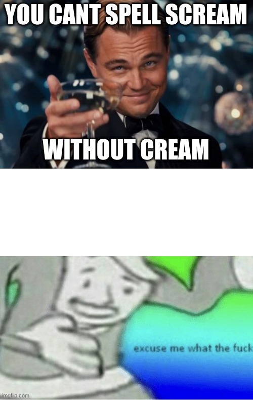 YOU CANT SPELL SCREAM; WITHOUT CREAM | image tagged in memes,leonardo dicaprio cheers,excuse me wtf blank template | made w/ Imgflip meme maker