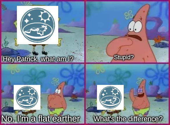Brainlet moment | Stupid? Hey Patrick, what am I? No, I'm a flat earther; What's the difference? | image tagged in memes,texas spongebob | made w/ Imgflip meme maker