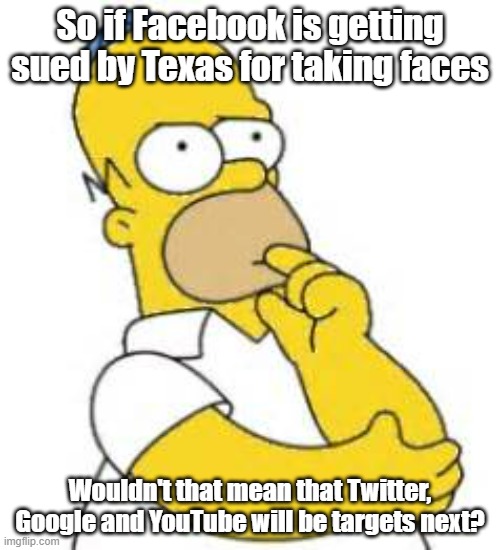 Maybe those three will actually also die for the better for what they did | So if Facebook is getting sued by Texas for taking faces; Wouldn't that mean that Twitter, Google and YouTube will be targets next? | image tagged in homer simpson hmmmm,facebook,twitter,google,youtube | made w/ Imgflip meme maker